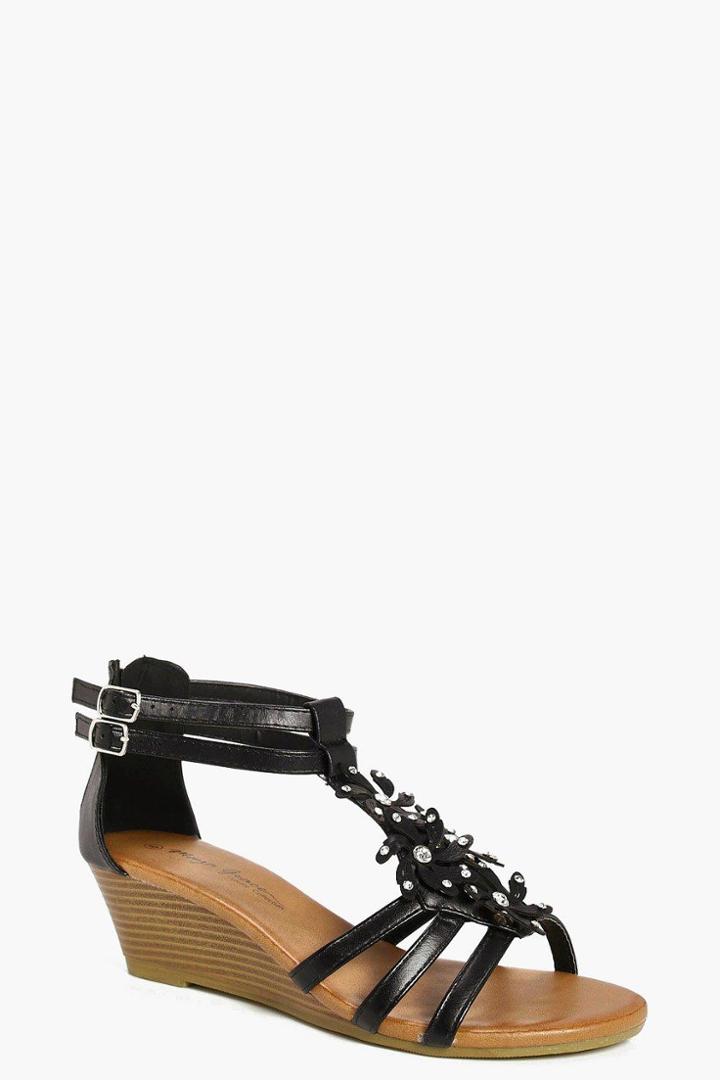 Boohoo Lauren Floral Embellished Demi Wedge Black