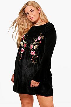 Boohoo Plus Darcy Embroidered Velvet Shift Dress