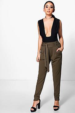 Boohoo Evie Tie Waist Woven Slim Fit Trousers