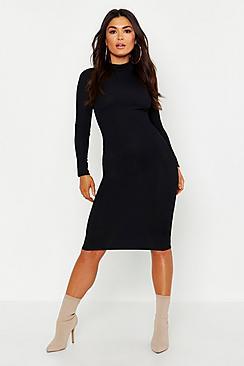 Boohoo High Neck Long Sleeve Ribbed Midi Dress