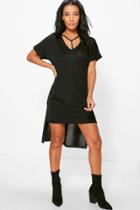 Boohoo Veronique Strap Detail Dip Hem Dress Black
