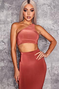 Boohoo Di One Shoulder Strappy Back Slinky Crop Top