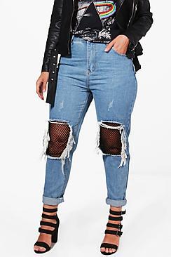 Boohoo Plus Carey Ripped Fishnet Boyfriend Jean