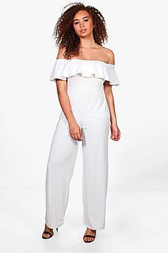 Boohoo Plus Zoe Off The Shoulder Frill Wide Leg Jumpsuit