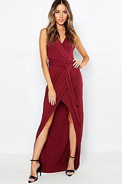 Boohoo Petite Rib Wrap Belted Maxi Dress