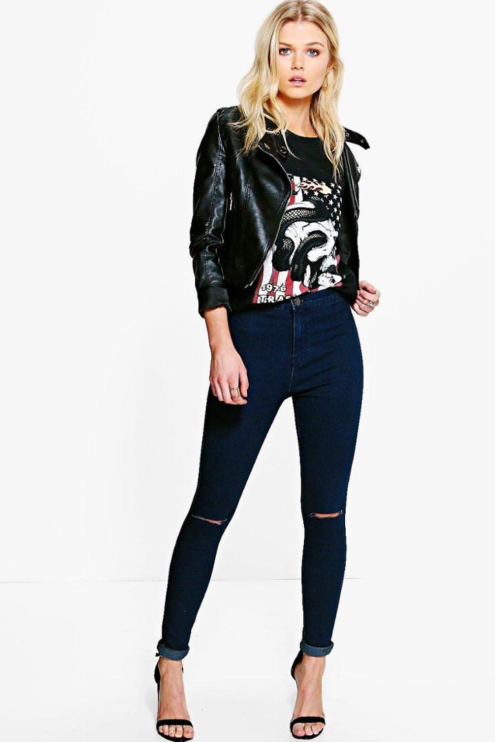 Boohoo Petite Nicole High Rise Split Knee Tube Jean Indigo