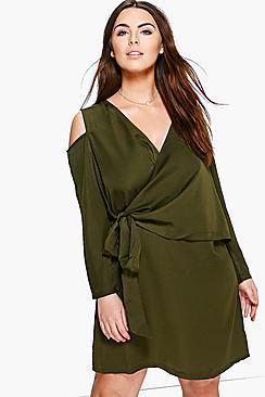 Boohoo Plus Fifi Open Shoulder Woven Wrap Dress