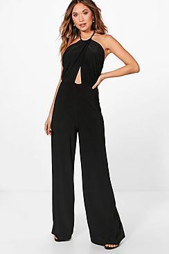 Boohoo Isla Halterneck Wide Leg Ruched Side Jumpsuit