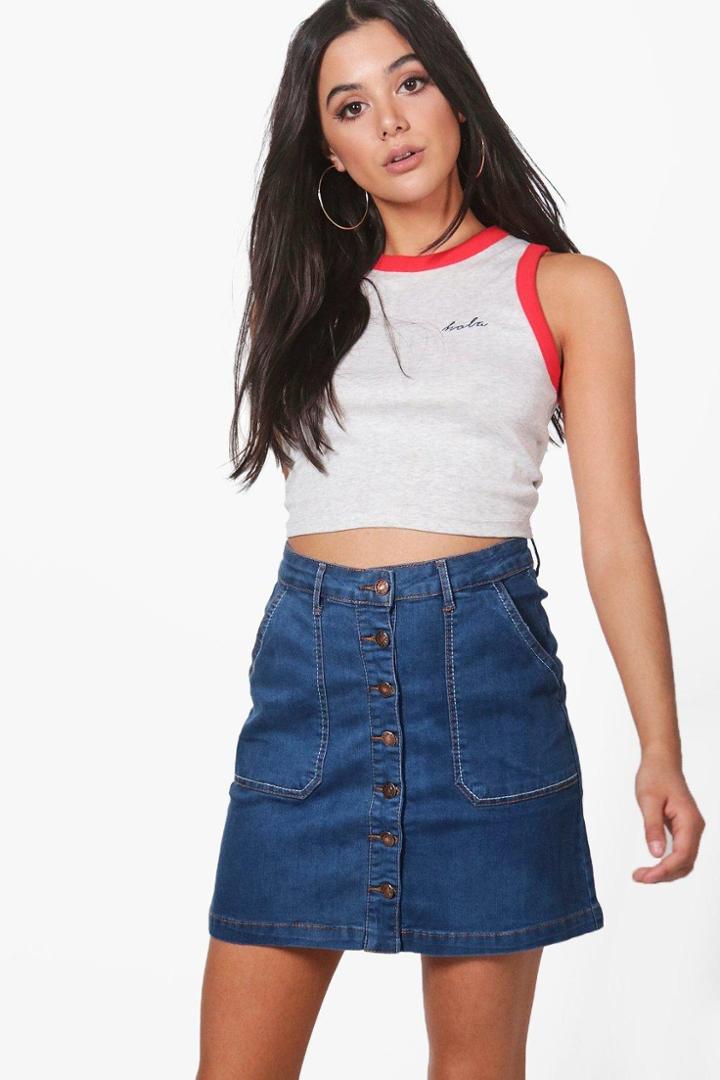 Boohoo Shona Button Through Denim Mini Skirt Indigo