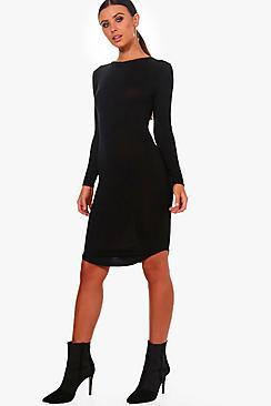 Boohoo Petite Amber Curve Hem Long Sleeve Midi Dress