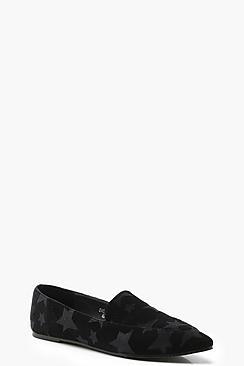 Boohoo Velvet Star Embossed Pointed Slipper Flats