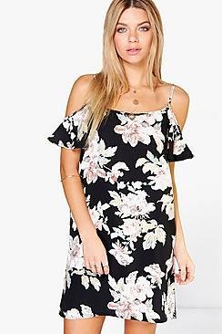 Boohoo Annalise Floral Cold Shoulder Swing Dress