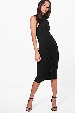 Boohoo Charlene High Neck Ruched Midi Dress
