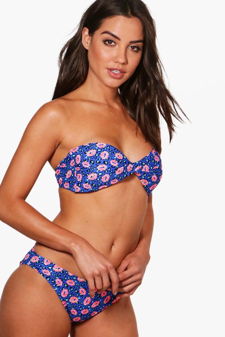 Boohoo Cannes Lips Twist Bandeau Bikini Blue