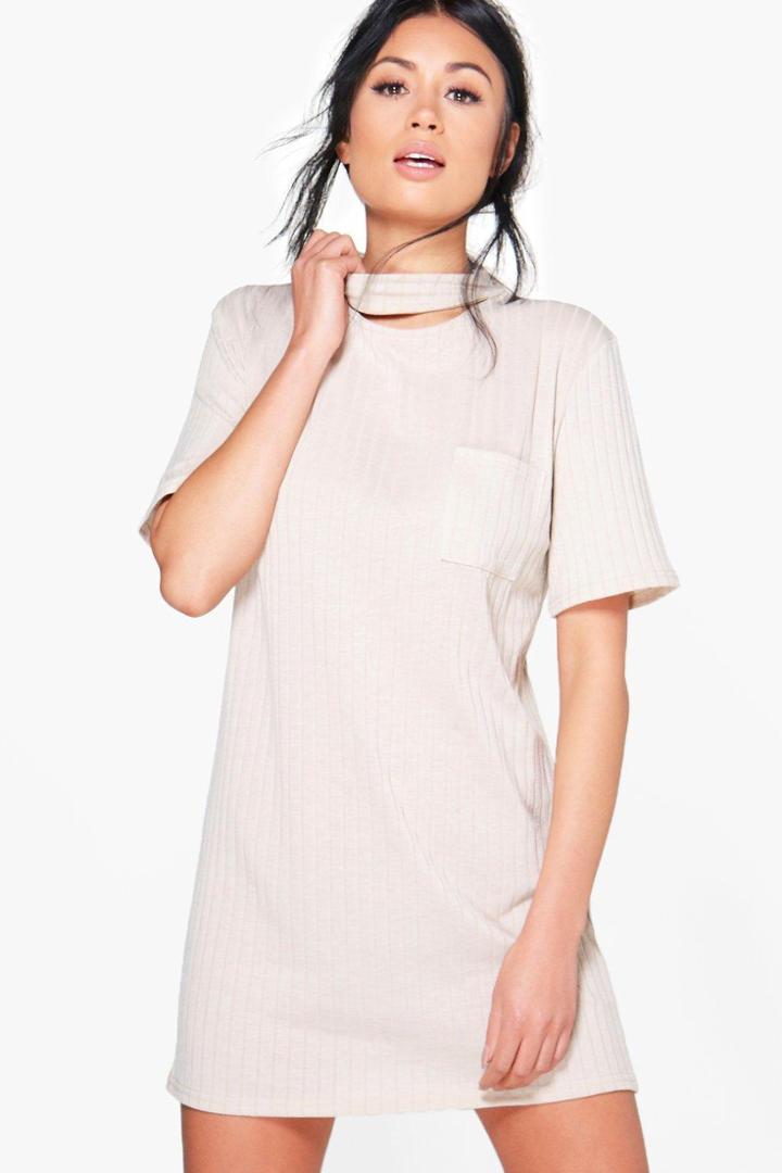 Boohoo Sarah Choker Rib Knit T-shirt Dress Sage