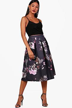 Boohoo Nadia Large Floral Box Pleat Midi Skirt