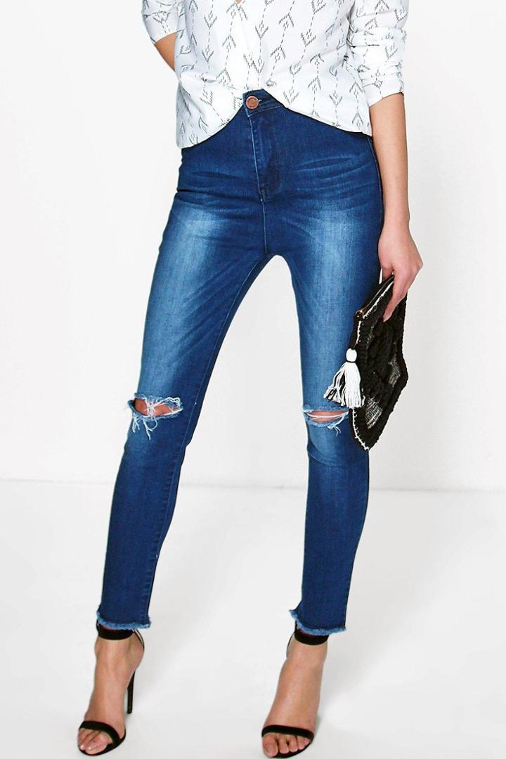 Boohoo Helen High Rise Busted Knee Skinny Jeans Blue