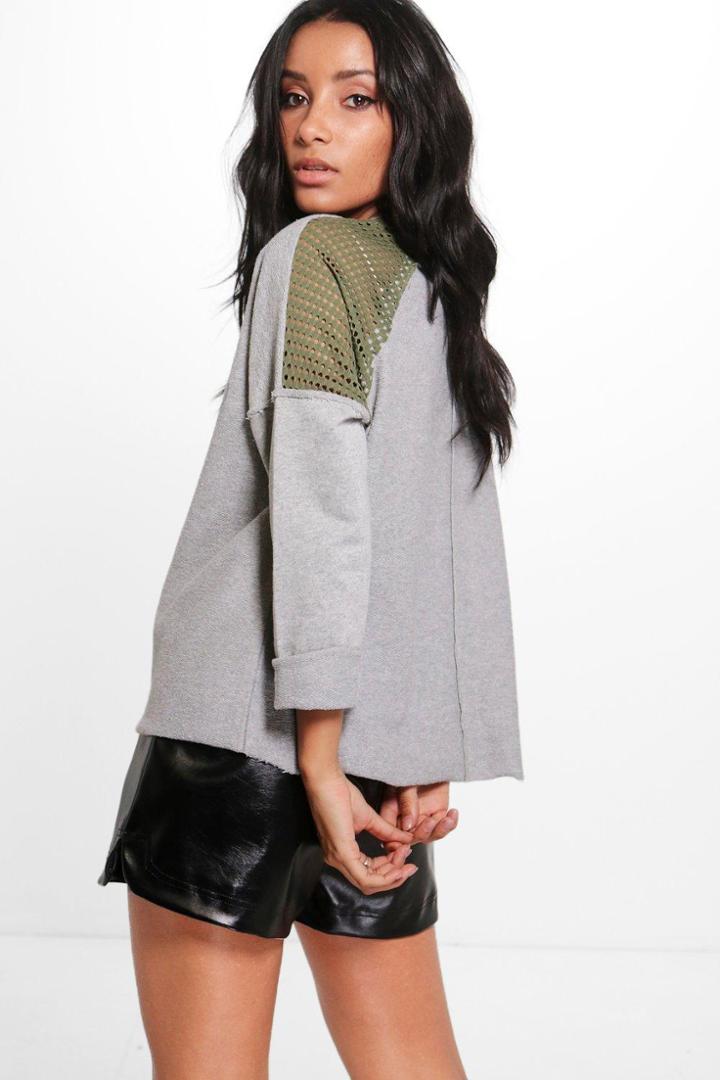 Boohoo Isla Loop Back Fishnet Panel Sweat Grey