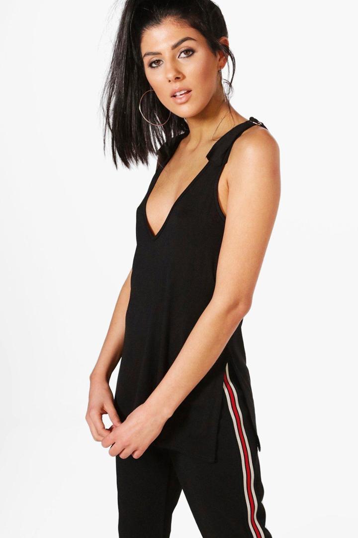 Boohoo Freyja D Ring Side Split Tank Top Black