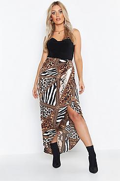 Boohoo Plus Mixed Animal Satin Wrap Skirt