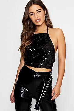 Boohoo Petite Mel Halter Sequin Festival Crop Top