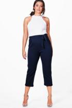 Boohoo Plus Jenna Tie Belt Pleat Trouser Navy