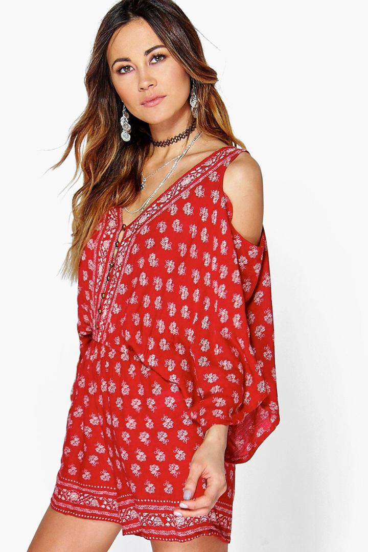 Boohoo Sophia Open Shoulder Border Print Woven Playsuit Red