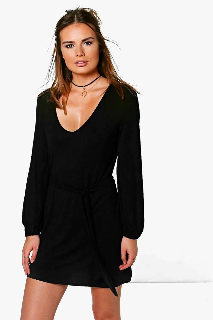 Boohoo Dalia Plunge Neck A-line Skater Dress Black