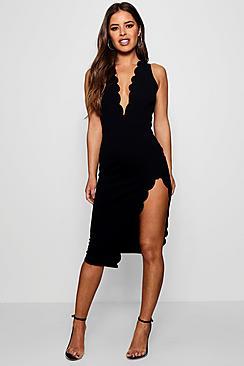 Boohoo Petite Charlie Scallop Edge Split Midi Dress