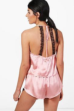 Boohoo Nadia Lace Back Satin Cami + Short Pj Set