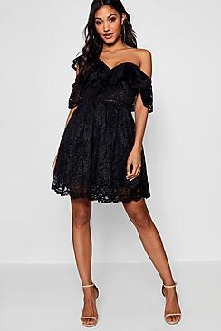 Boohoo Tiffany Lace Off The Shoulder Skater Dress