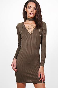 Boohoo Lilly Long Sleeve Ribbed Lace Up Front Bodycon Dress