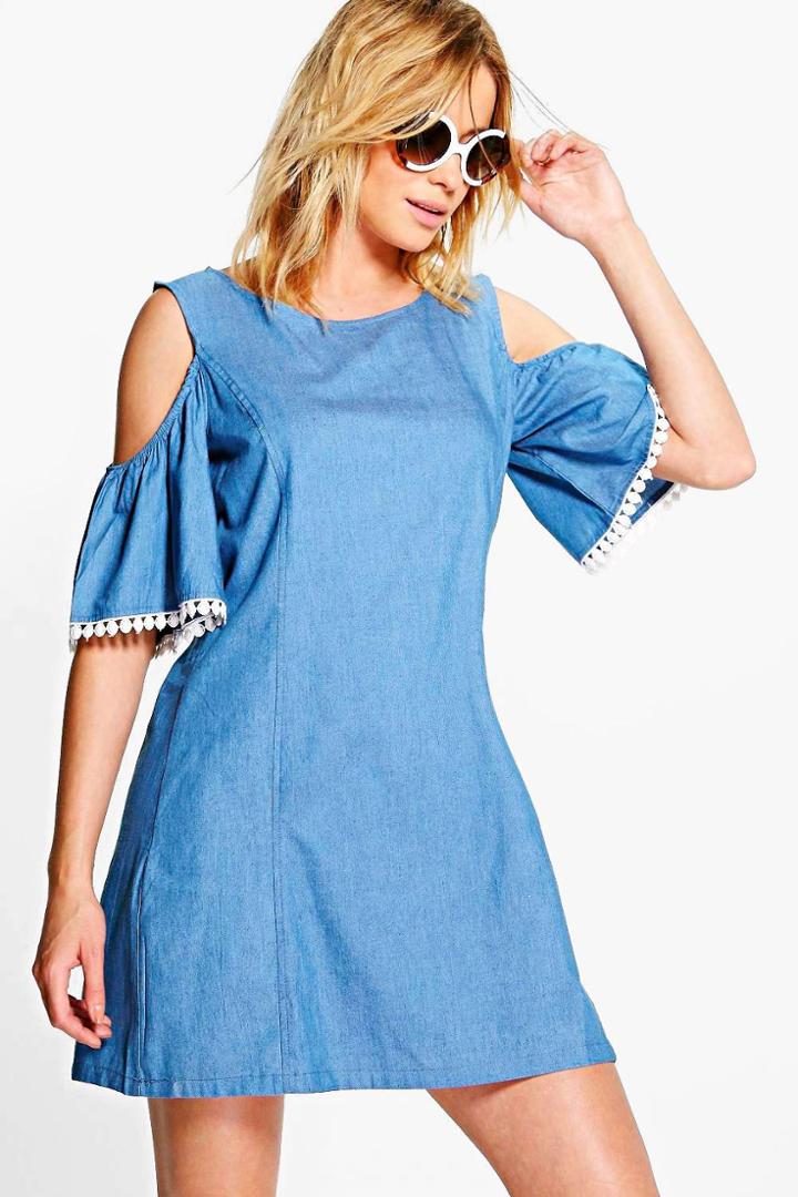 Boohoo Amy Open Shoulder Chambray Trimmed Dress Blue