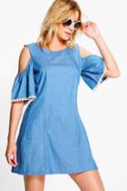 Boohoo Amy Open Shoulder Chambray Trimmed Dress Blue
