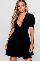 Boohoo Emma Puff Sleeve Plunge Neck Skater Dress