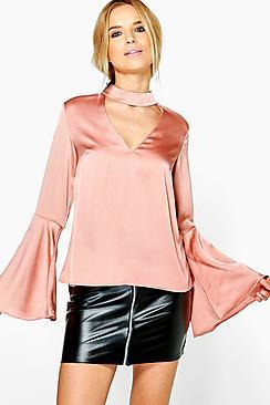 Boohoo Maisie Satin Flare Sleeve Choker Top