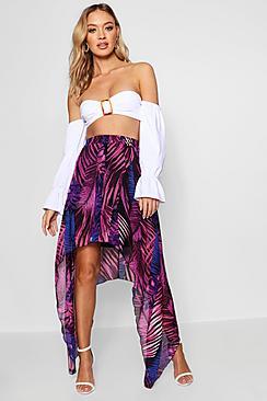 Boohoo Katie Woven Palm Print Hanky Hem Maxi Skirt