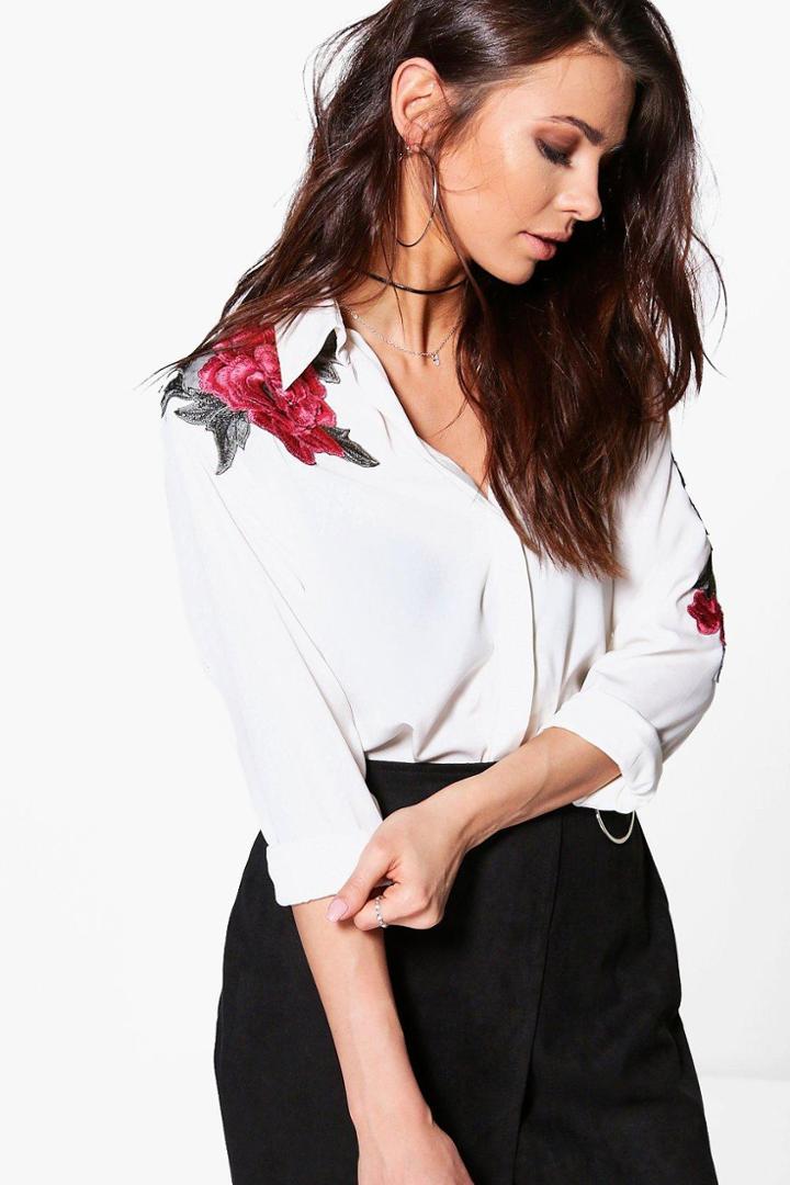 Boohoo Paula Boutique Floral Applique Shirt Ivory