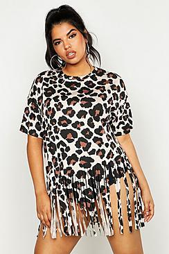 Boohoo Plus Leopard Tassel Beach Dress