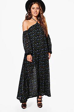 Boohoo Petite Iris Floral Print Open Shoulder Maxi Dress