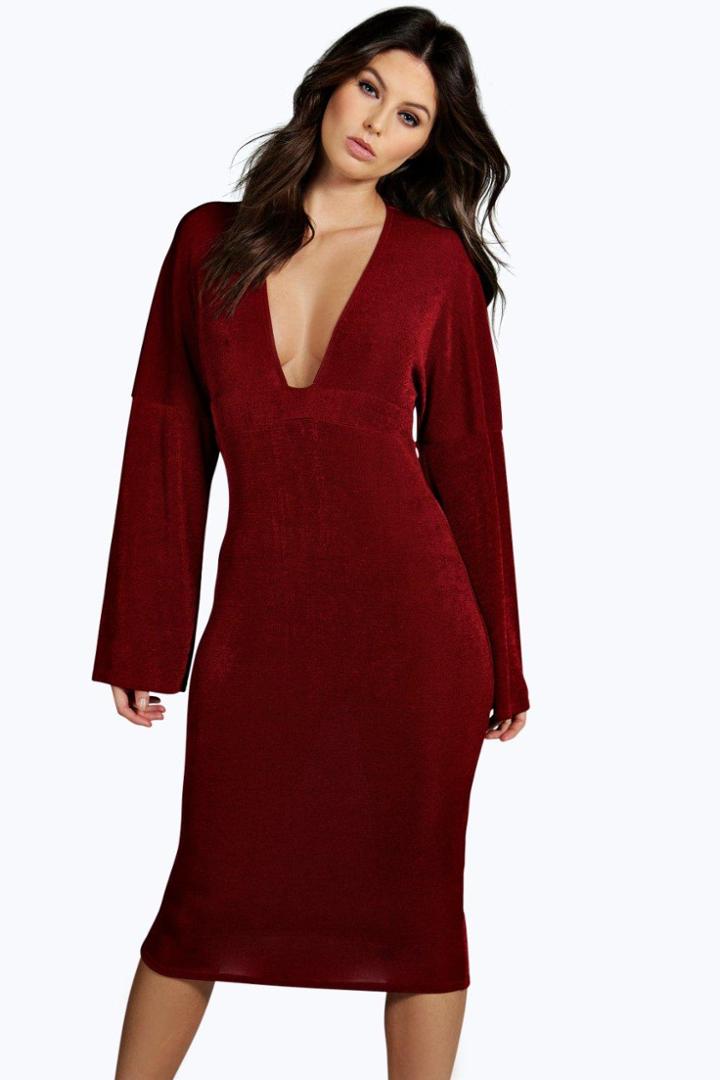 Boohoo Amelie Plunge Neck Kimono Sleeve Midi Dress Berry
