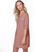 Boohoo Arianna Lace Up Utility Pocket Shirt Dress Mocha