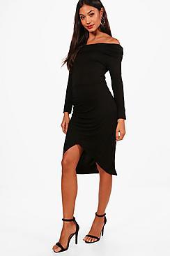 Boohoo Ruched Off The Shoulder Midi Dress