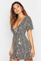 Boohoo Zebra Wrap Ruffle Tea Dress
