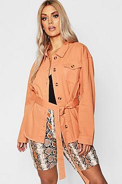 Boohoo Plus Horn Button Tie Denim Jacket