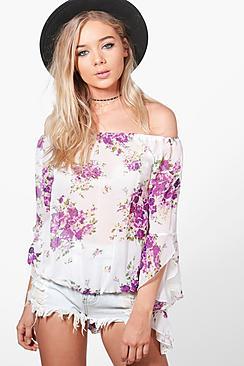Boohoo Ella Printed Frill Off The Shoulder Top