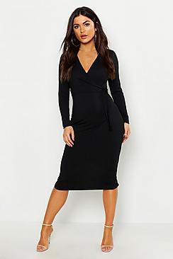 Boohoo Rib Wrap Tie Midi Dress
