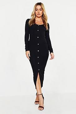Boohoo Petite Ribbed Button Down Midaxi Dress