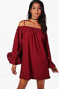 Boohoo Simone Cold Shoulder Pearl Shift Dress