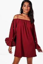 Boohoo Simone Cold Shoulder Pearl Shift Dress